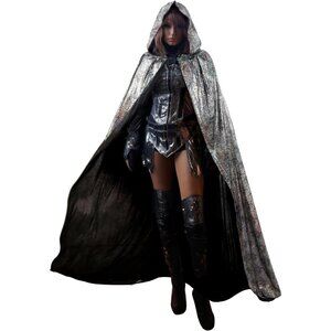 Silver Witch Velvet Hooded Cloak Halloween Cape Queen King Renaissance Medieval